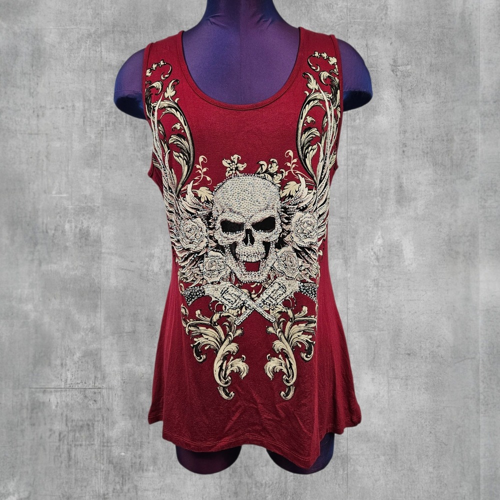 Ego Usa Designs Burgundy Skull Rhinestone Shredded Lace Back Tank Top Medium U21